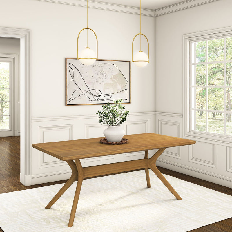 Modern dining room with a wooden table, potted plant centerpiece, abstract wall art, and pendant lighting.