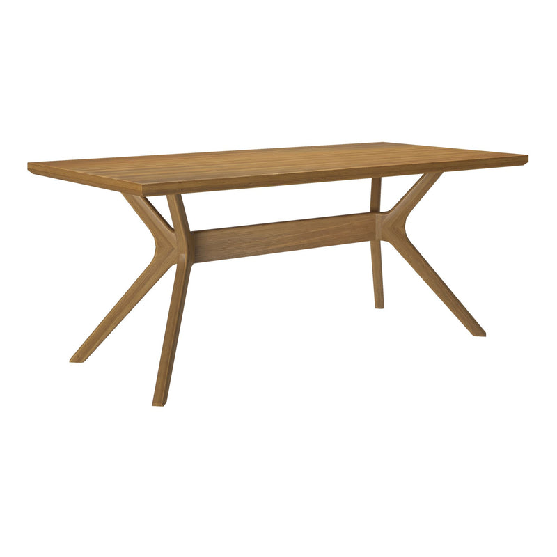 Mid-century modern wooden dining table with unique angled legs and smooth finish.