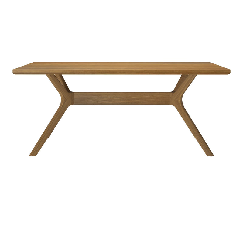 Modern wooden dining table with sleek angled legs.