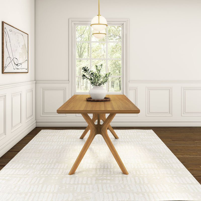 Elegant wooden dining table with modern design in a bright room, featuring large window and potted plant for stylish home decor.
