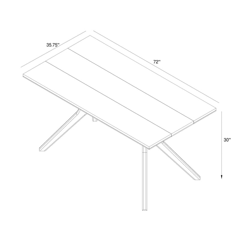 Illustration of a modern rectangular dining table with dimensions 72 inches long, 35.75 inches wide, and 30 inches high.