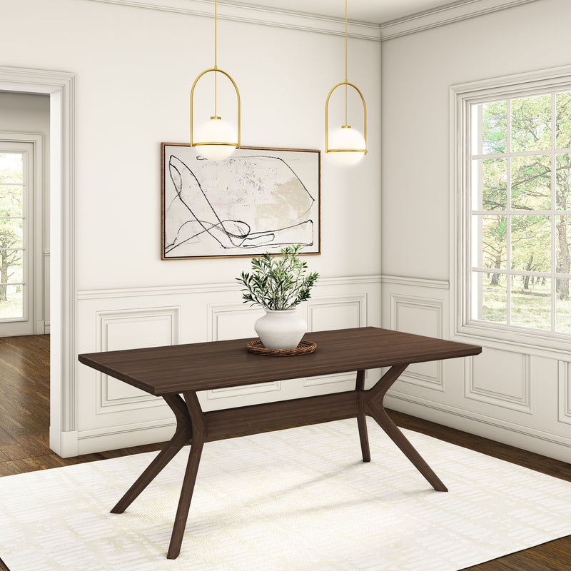 Modern dining room interior with wooden table, white walls, large window, and elegant pendant lights.