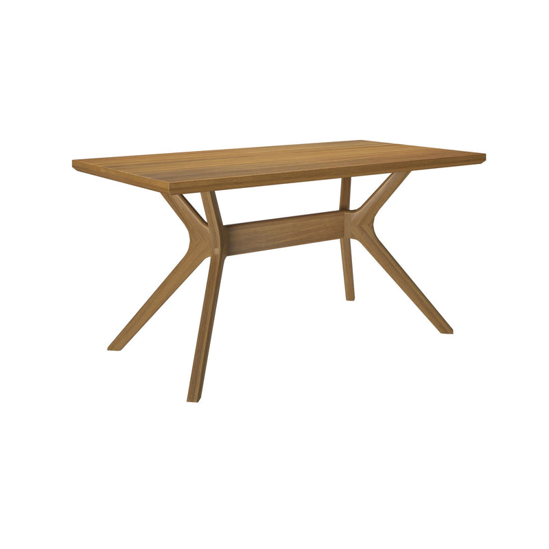 Modern wooden dining table with unique geometric legs.