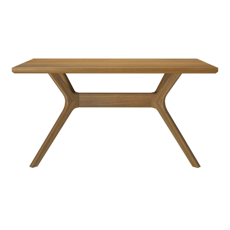 Modern wooden dining table with sleek design and minimalist legs.