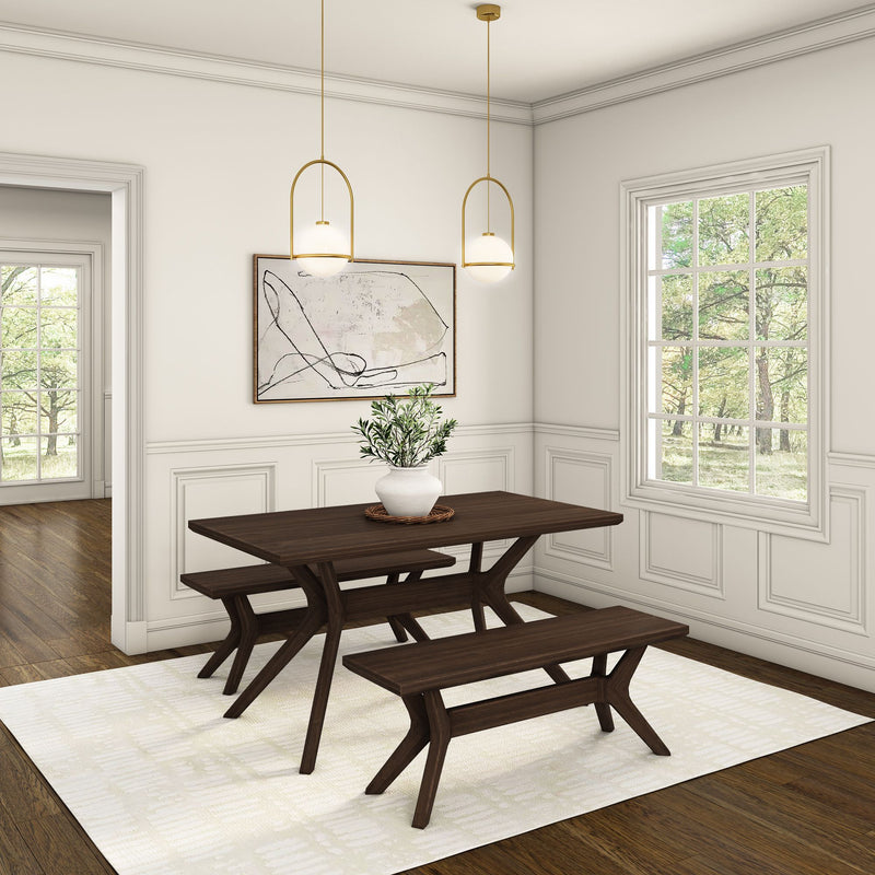 Modern dining room with dark wood furniture, white walls, abstract art, and large window with natural light.