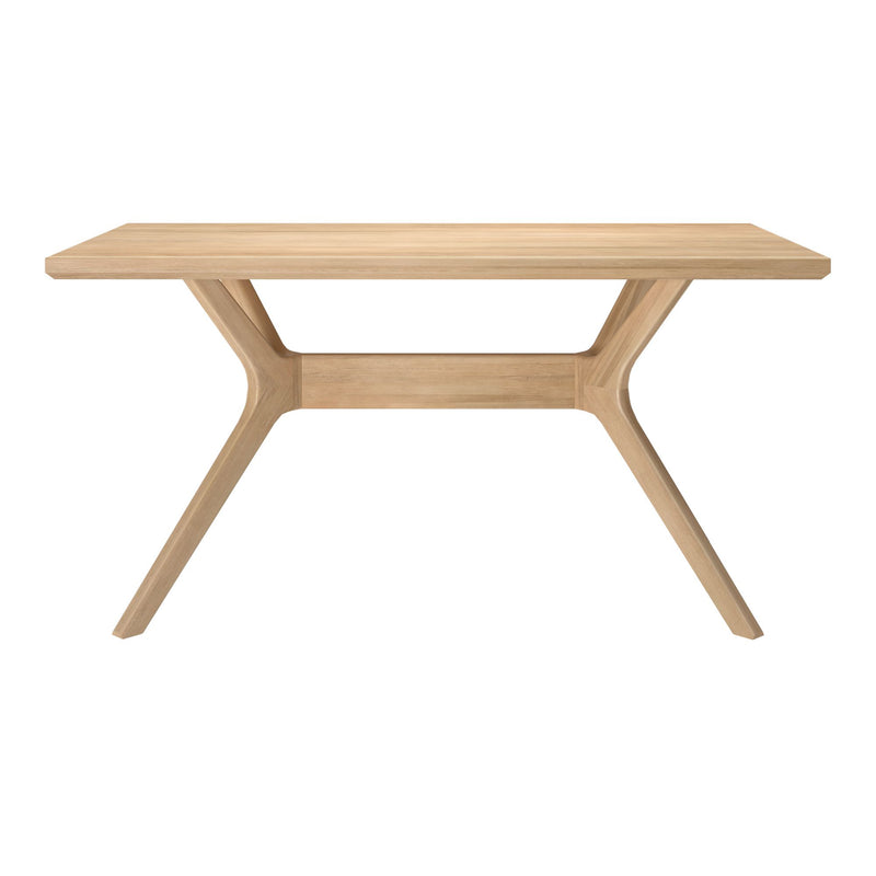 Modern wooden dining table with a minimalist design and sturdy legs.