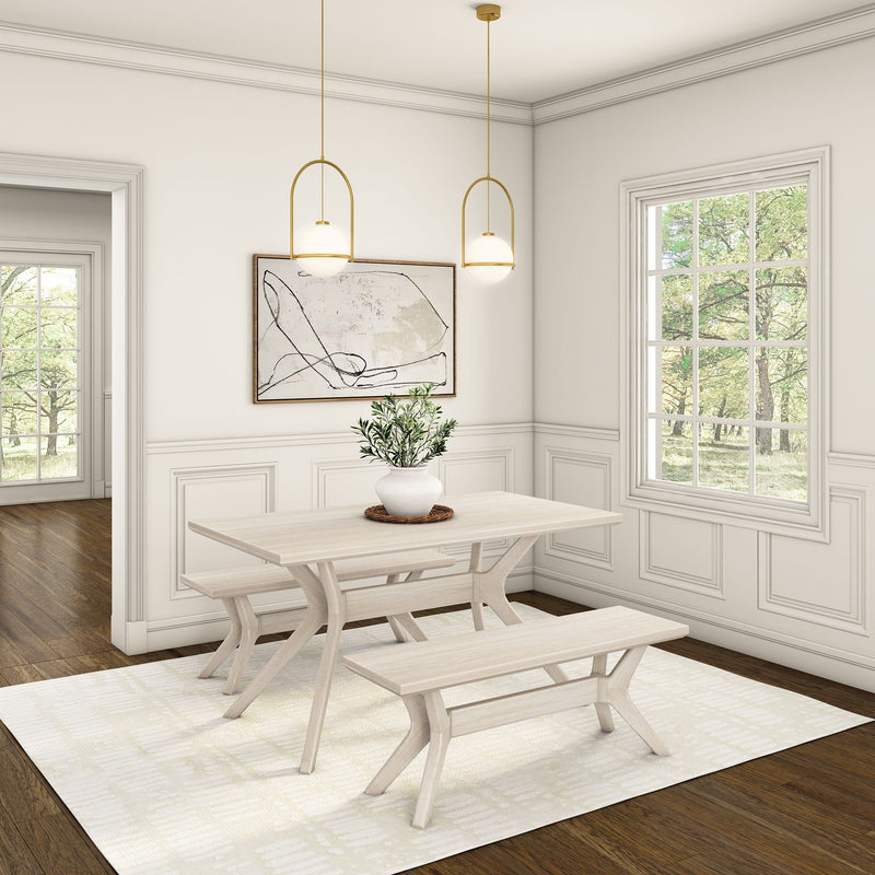 Elegant dining room with modern light wood furniture, houseplant centerpiece, abstract wall art, and pendant lighting in a bright interior setting.