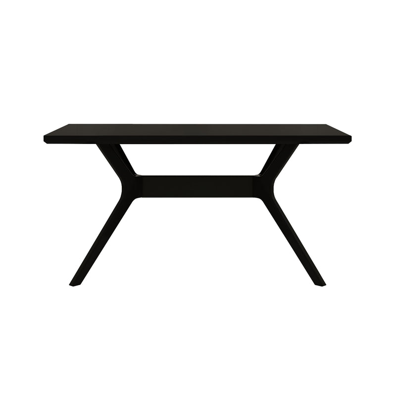 Modern black dining table with sleek design and minimalist metal legs.