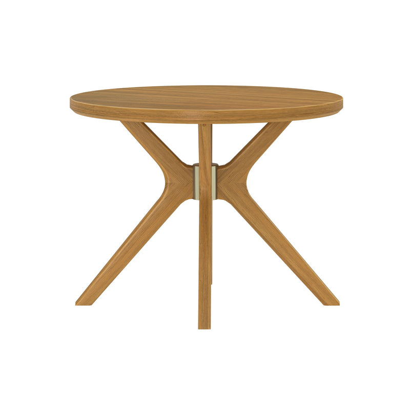 Round wooden table with modern sleek design and sturdy tripod legs.