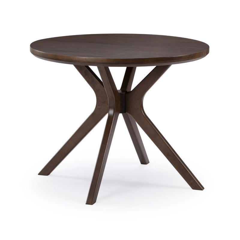 Round wooden table with modern minimalist design and sturdy legs, ideal for dining rooms or living spaces.