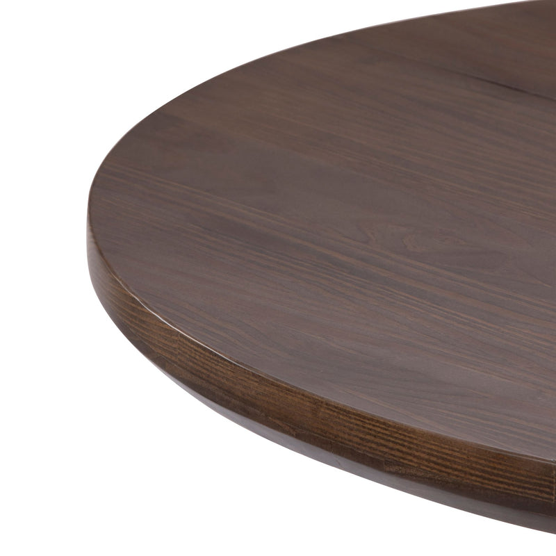 Round wooden table close-up with smooth finish.