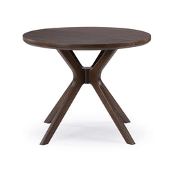 Round wooden dining table with a modern design and dark brown finish.