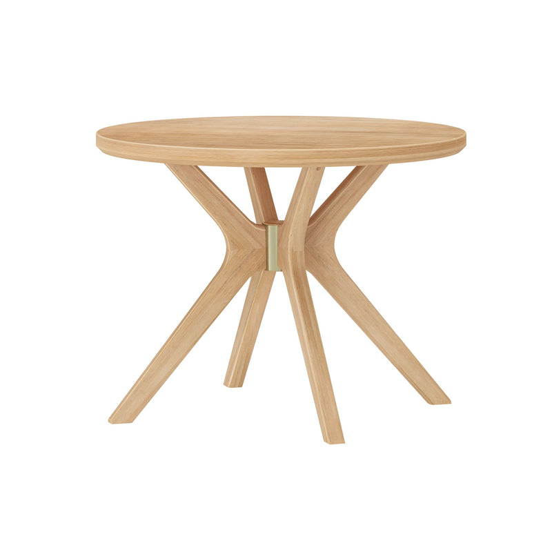 Round wooden dining table with modern design and natural finish.
