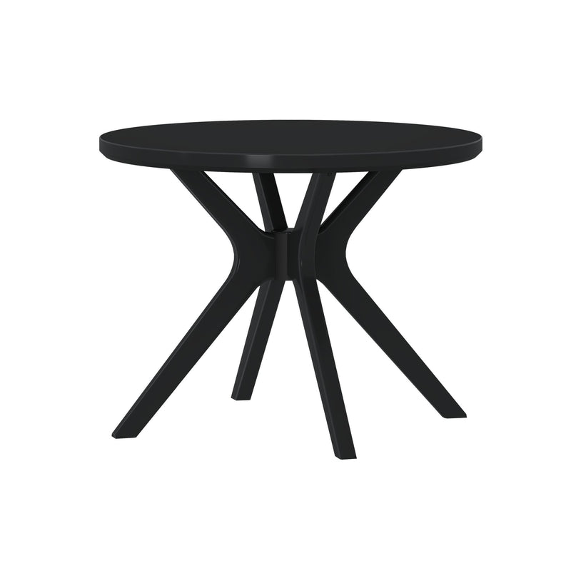 Black round modern dining table with unique four-legged design.
