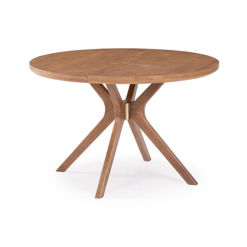 Round oak dining table with mid-century modern pedestal base, four angled legs and brass connector, natural wood finish for 4-person dining