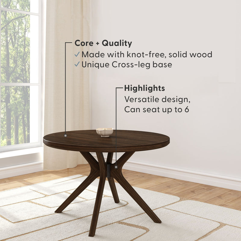 Round solid wood dining table with unique cross-leg base in dark walnut, knot-free construction, seats up to 6