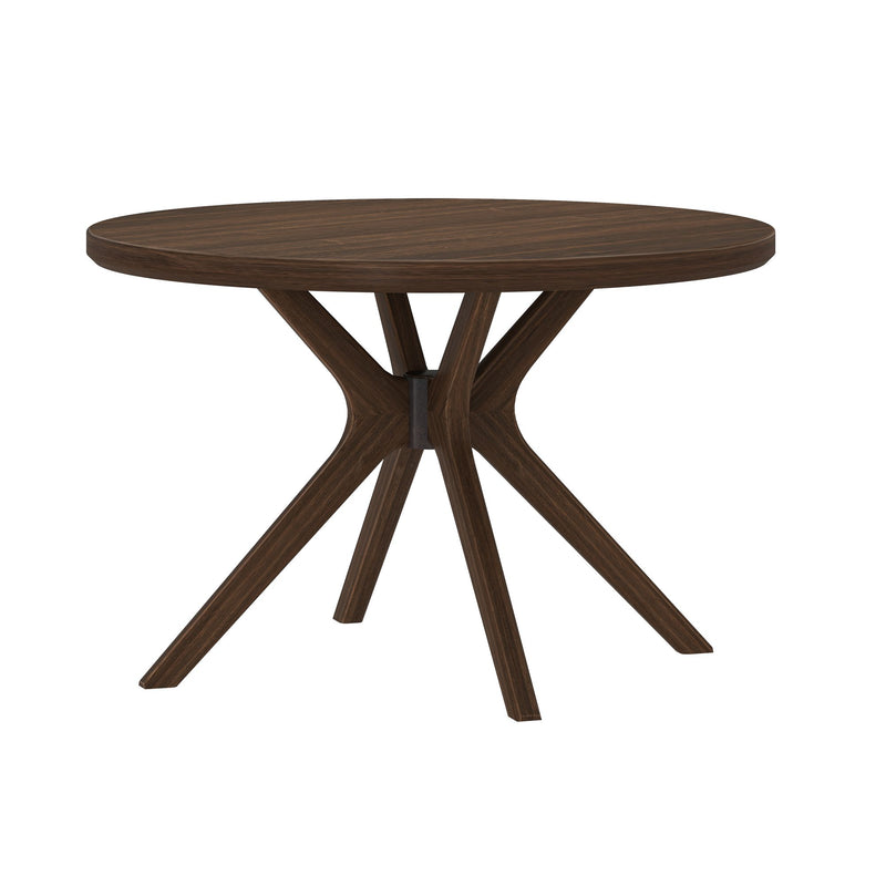 Round wooden dining table with modern geometric design and dark walnut finish.