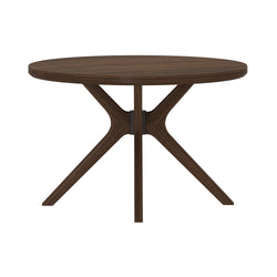 Round walnut-finish mid-century modern wooden dining table with sculptural pedestal base, ideal for small dining rooms and breakfast nooks