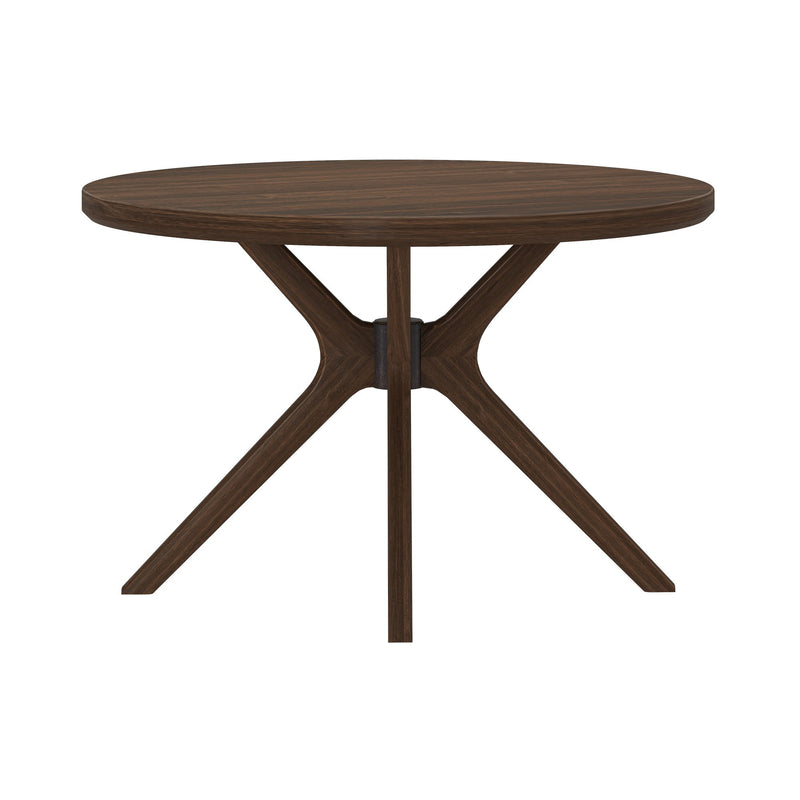 Round walnut-finish mid-century modern wooden dining table with sculptural pedestal base, ideal for small dining rooms and breakfast nooks