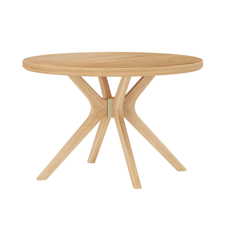 Round wooden dining table with a modern tripod base design.
