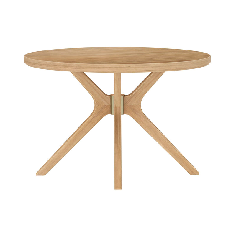 Round wooden dining table with modern design and four sturdy legs, perfect for contemporary home decor.