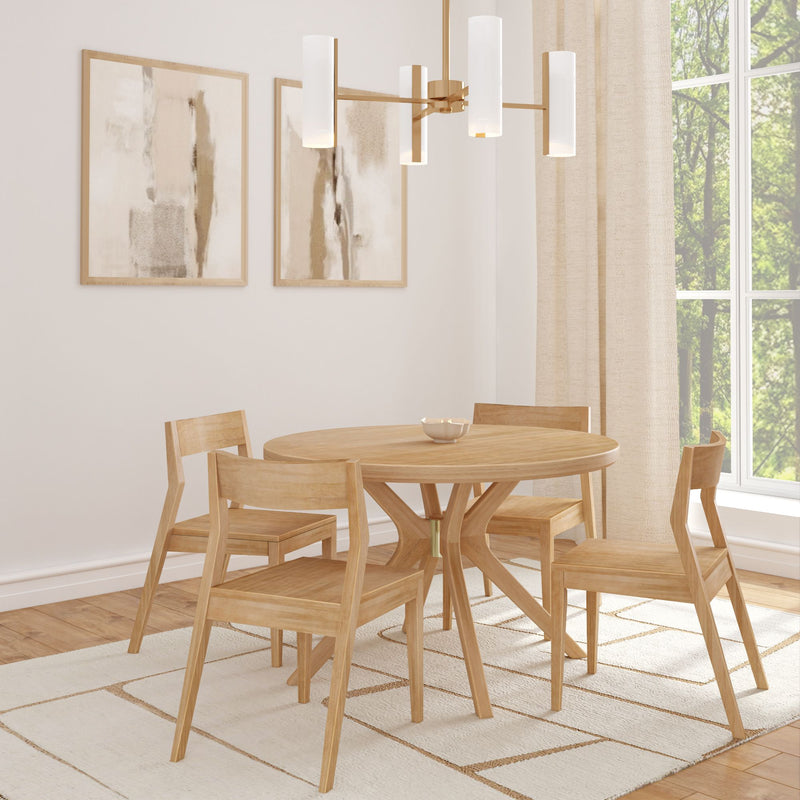 Modern dining room with wooden table and chairs, abstract wall art, and large window.