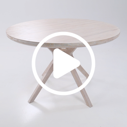Round wooden table with tripod legs on a white background.