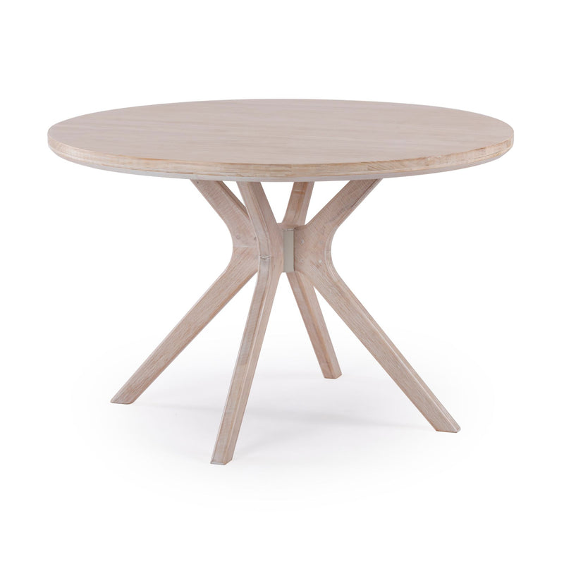 Round wooden dining table with modern pedestal base on white background.