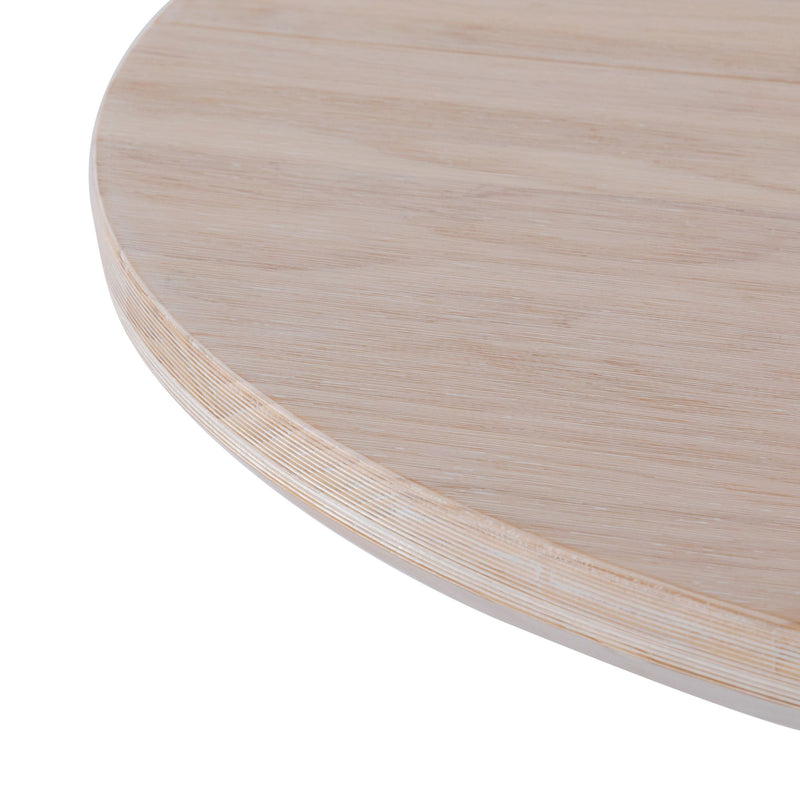 Close-up of a round wooden tabletop showcasing light grain detail and a smooth, polished finish.