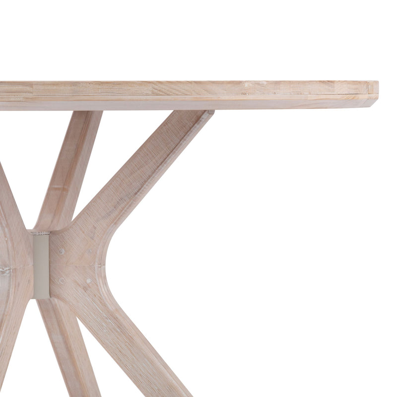 Modern wooden table with unique geometric leg design and minimalist style.