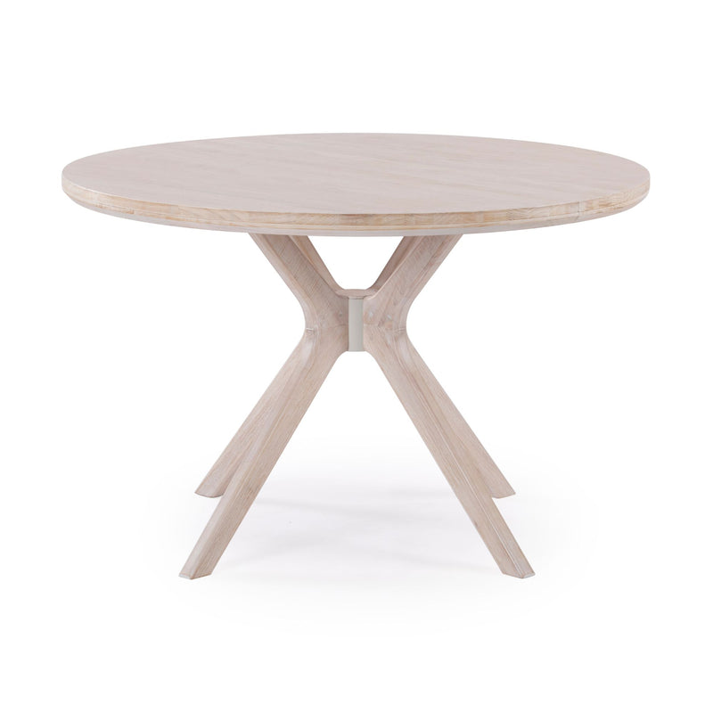 Round wooden dining table with elegant tripod base design.