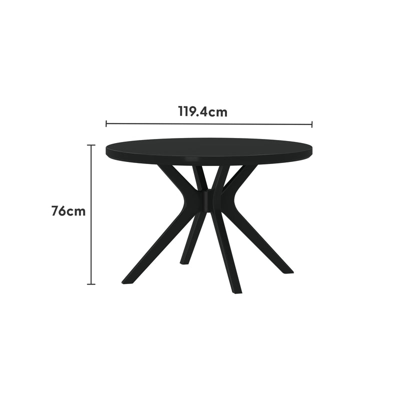 Round matte black dining table with sculptural spider-style pedestal base, 119.4 cm diameter × 76 cm high, modern minimalist design for kitchen or dining room