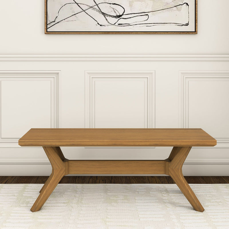 Modern wooden bench in stylish living room interior with abstract wall art.
