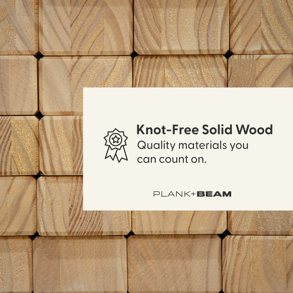 Knot-free solid wood blocks neatly stacked with a quality guarantee emblem and "Plank + Beam" logo.