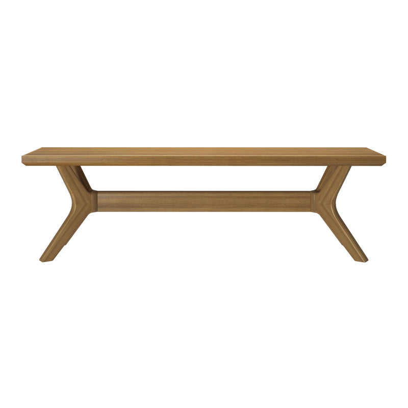 Modern wooden dining bench with sleek, minimalist design.