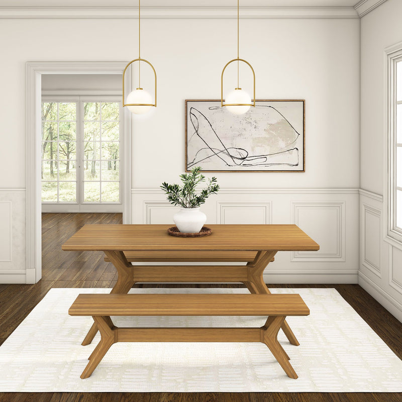 Elegant dining room featuring a wooden table set, minimalist artwork, and natural light from large windows.