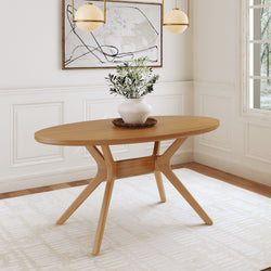 Modern wooden dining table with decorative vase in elegant dining room.