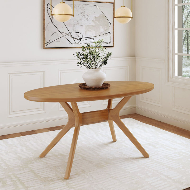 Modern dining room with a wooden oval table and stylish decor.