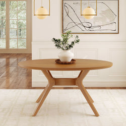 Modern wooden dining table with minimalist design in bright room, featuring decorative plant centerpiece.