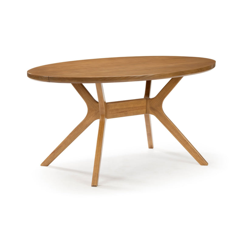 Mid-century modern oval wooden dining table with unique angled legs.