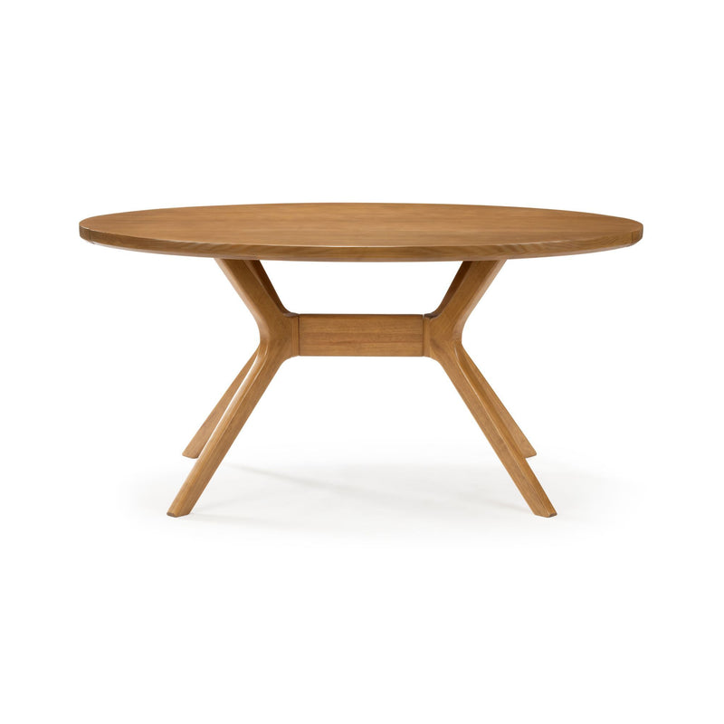 Round wooden dining table with modern design and sturdy legs.