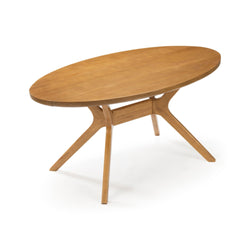 Oval wooden dining table with modern mid-century style design.