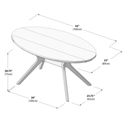 Oval wooden dining table dimensions diagram showing width, height, and length in inches and centimeters.