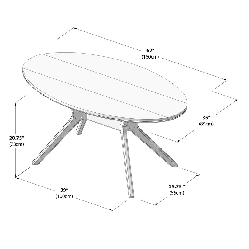 Oval wooden dining table dimensions diagram showing width, height, and length in inches and centimeters.
