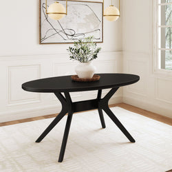 Sleek black dining table in modern minimalist room with potted plant centerpiece and abstract wall art.
