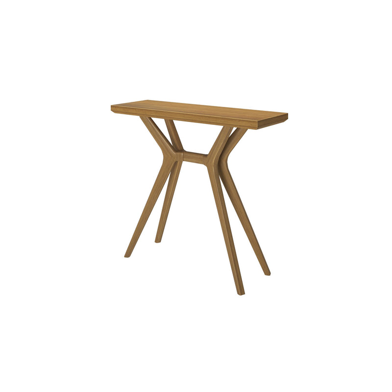 Stylish wooden console table with unique modern design and angled legs.