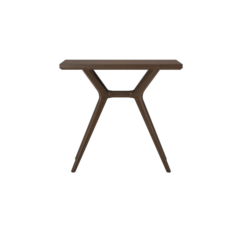Mid-century modern walnut side table with rectangular top and Y-shaped angled legs, minimalist wooden accent table