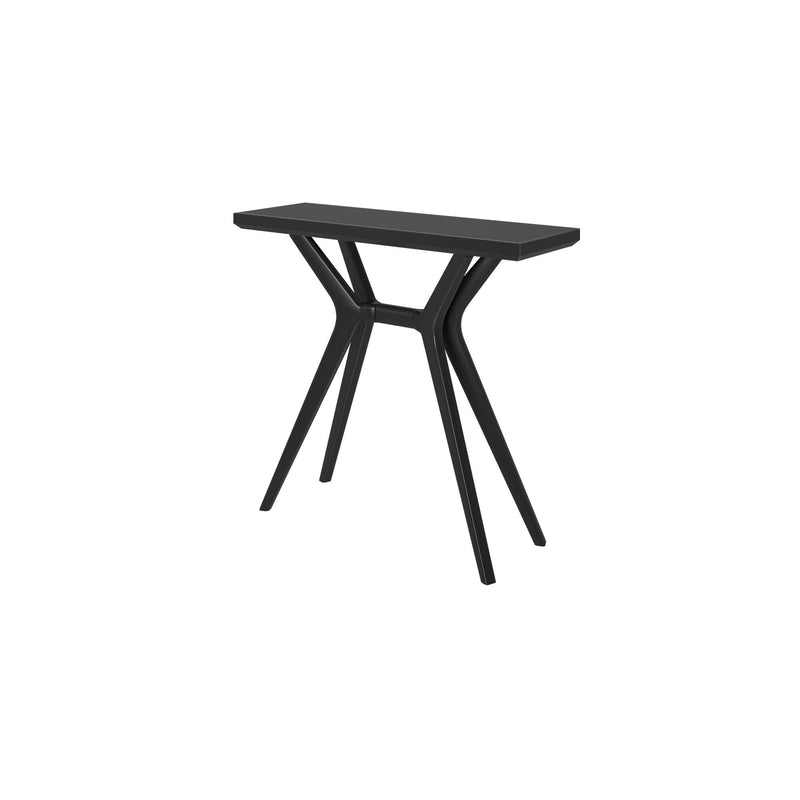 Modern black console table with rectangular top and sculptural Y-shaped legs, minimalist entryway or hallway table
