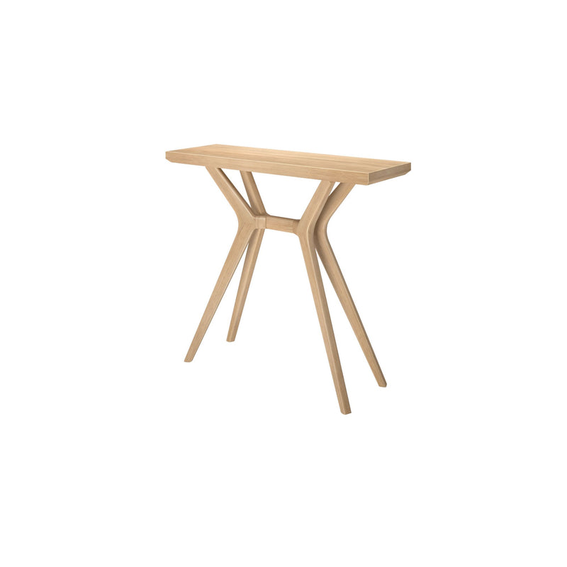 Minimalist wooden console table with unique design and natural finish.