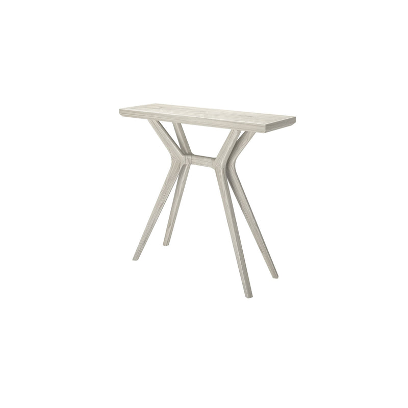 Minimalist modern wooden console table with unique angled legs, perfect for entryway decor.